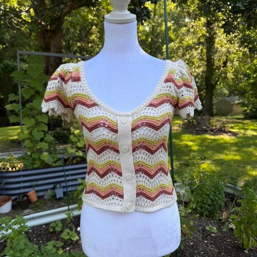 Blu Pepper Twee Crochet Chevron Knit Cardigan Top‎ | Cottagecore Boho Coastal